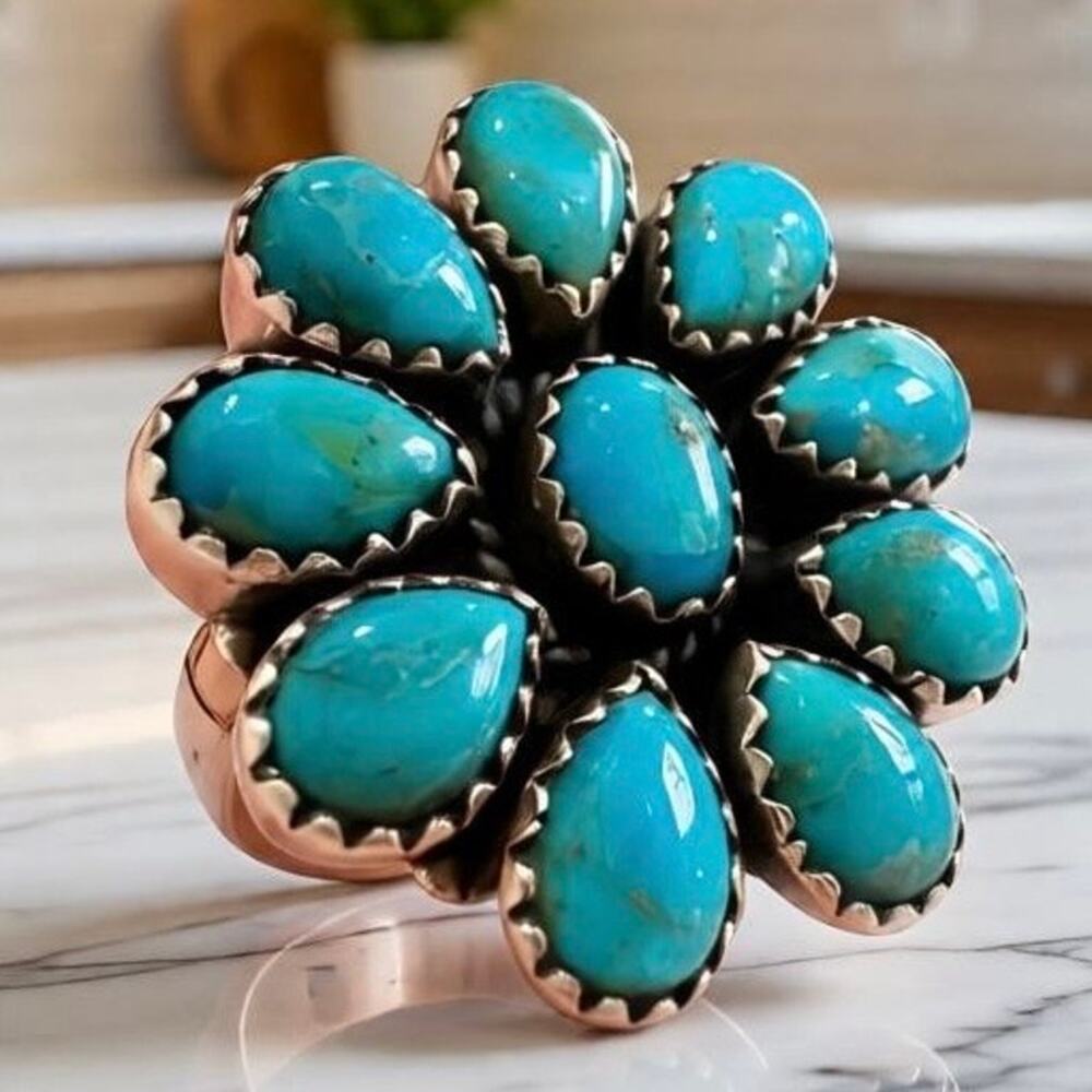 Kingman Turquoise Cluster Ring Sterling Silver 925 Oval Teardrop Sawtooth Size 7 - Picture 2 of 10